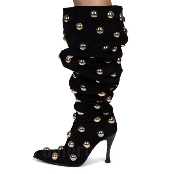 New Jeffrey Campbell Slouchy Over The Knee Studded Black Suede Boots - Picture 4 of 15